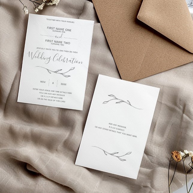 faire-part de mariage mariage anneaux (Delicate and pretty wedding invitation with soft subtle floral detail and hand written style font)