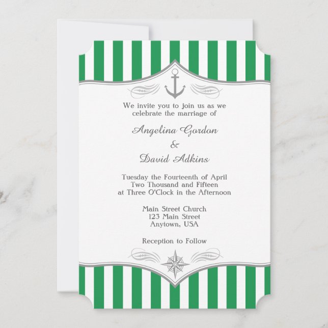 Faire-part de mariage marine gris blanc vert (Devant)
