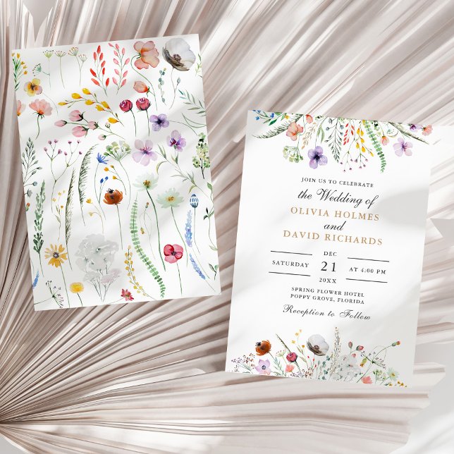 Faire-part de mariage Meadow Fleur sauvage aquarel (Watercolor Wildflower Meadow Wedding Invitation on a sunny neutral dry palm leaf.)