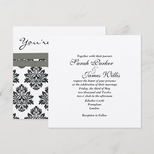 Faire-part de mariage métallisé Damask Silver & Gr (Devant / Derrière)