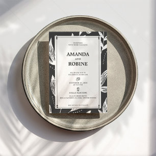 Faire-part de mariage moderne à feuille noire et b