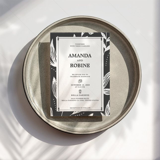 Faire-part de mariage moderne à feuille noire et b (Créateur téléchargé)