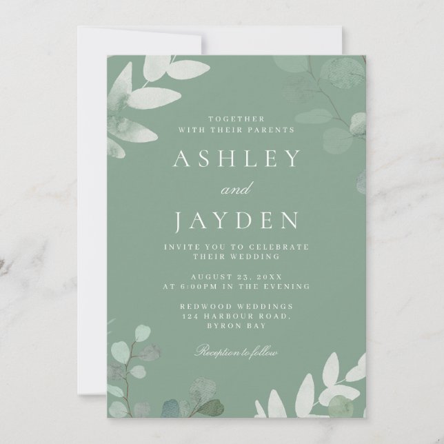 Faire-part de mariage moderne à feuilles vertes pr (Devant)