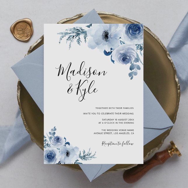 faire-part de mariage moderne à fleurs bleu poussi (Créateur téléchargé)