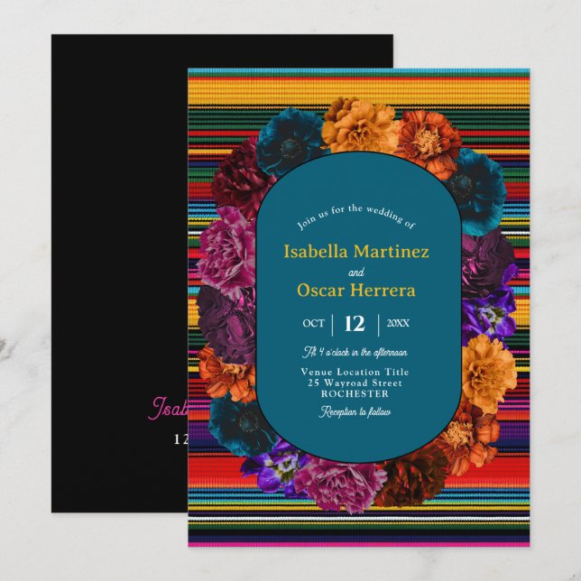 Faire-part de mariage moderne aux fleurs mexicaine (Devant / Derrière)