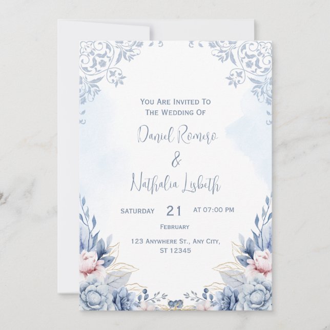 Faire-part de mariage moderne bleue (Devant)