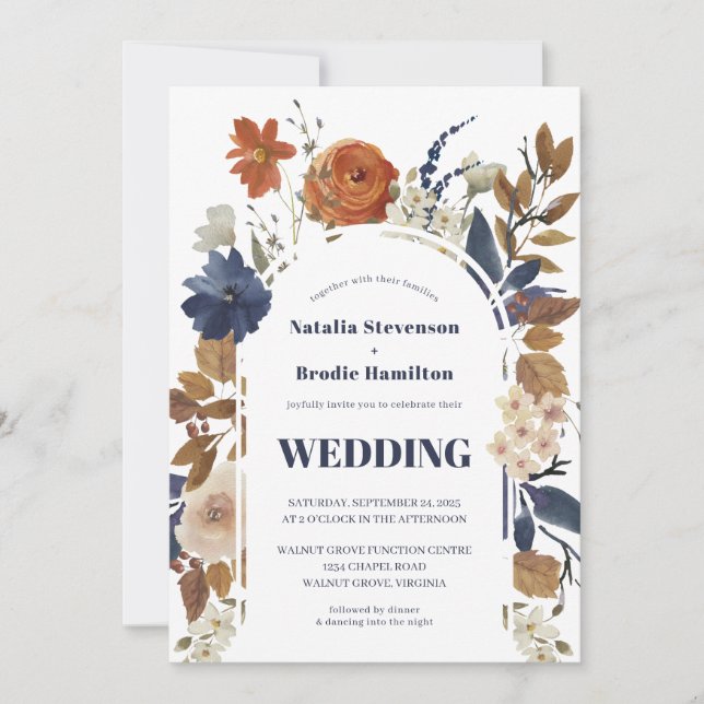 Faire-part de mariage moderne Boho Navy Blue Rust (Devant)