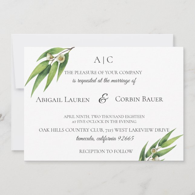 Faire-part de mariage moderne de feuillage Eucalyp (Devant)