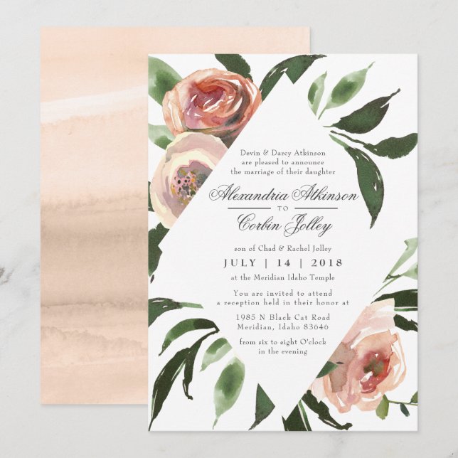 FAIRE-PART DE MARIAGE | Moderne Elégant Flore Blus (Devant / Derrière)