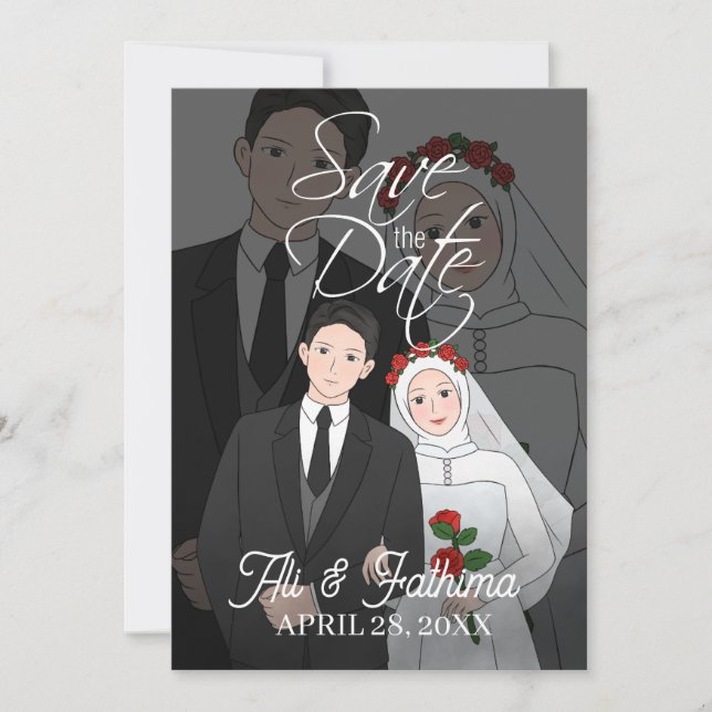 Faire-part de mariage moderne en couple illustré (Devant)