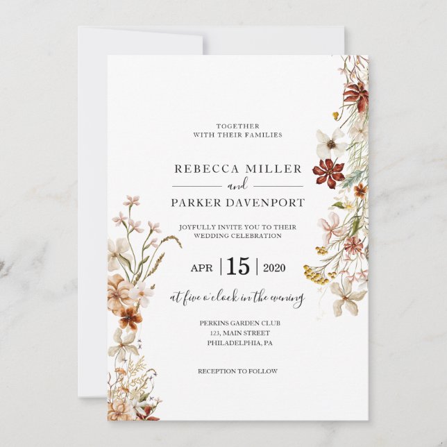 Faire-part de mariage moderne en fleurs sauvages (Devant)