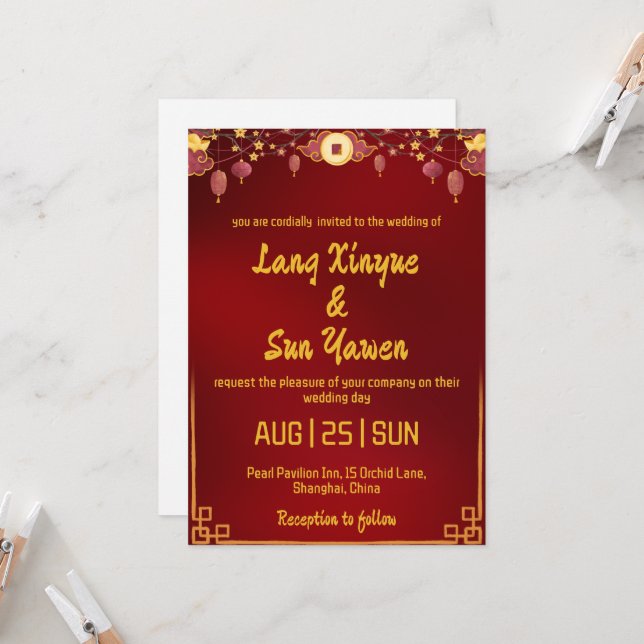 faire-part de mariage moderne en or chinois (Devant/Arrière en situation)