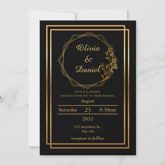 Faire-part de mariage moderne Gold Frame sur Noir (Devant)
