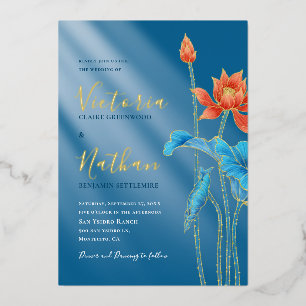 Faire-part de mariage moderne orange lotus bleu fl