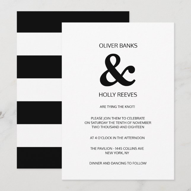 Faire-part de mariage moderne rayée noir et blanc (Devant / Derrière)