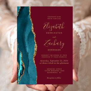 Faire-part de mariage moderne sarcelle or agate bo
