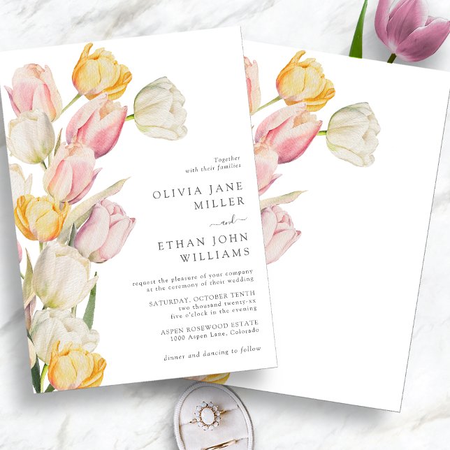 Faire-part de mariage moderne Spring (Modern Watercolor Pink Cream and Yellow Tulip Wedding Invitation by Painted Paperie)