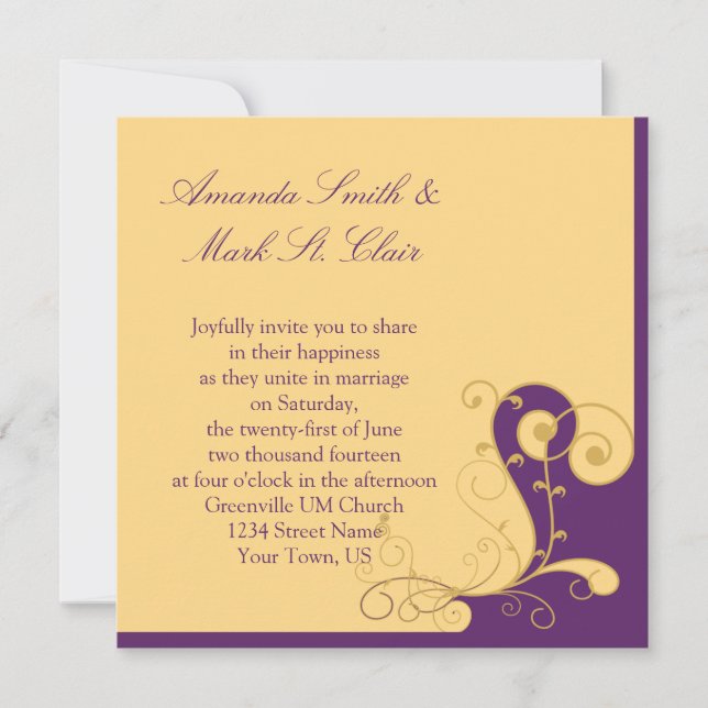 Faire-part de mariage moderne violet or (Devant)