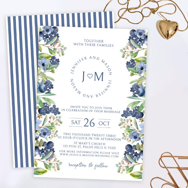 Faire-part de mariage monogramme bleu floral bleut (Créateur téléchargé)