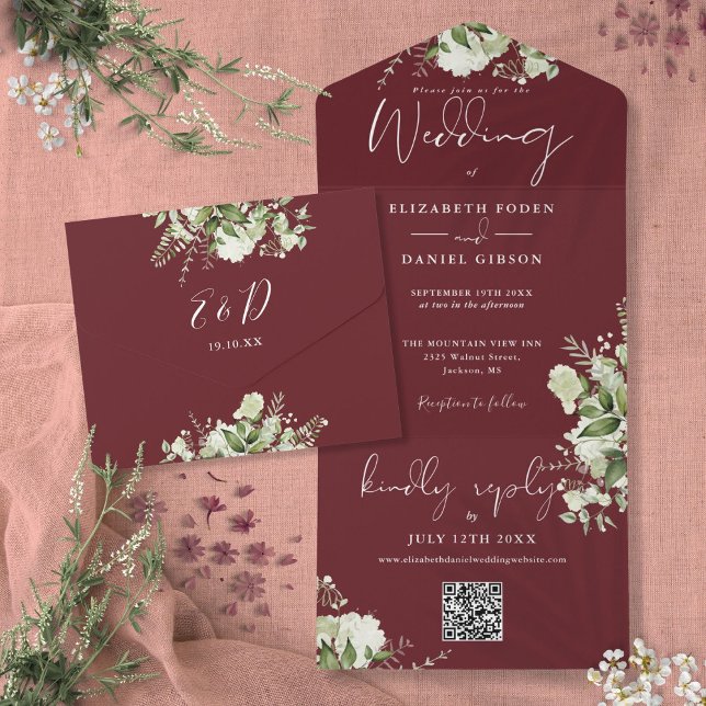 Faire-part de mariage monogramme code QR de verdur (Rosewood Pink Greenery QR Code Monogram Wedding All In One Invitation)
