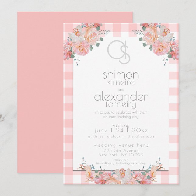 Faire-part de mariage | Monogramme Coral En vichy  (Devant / Derrière)