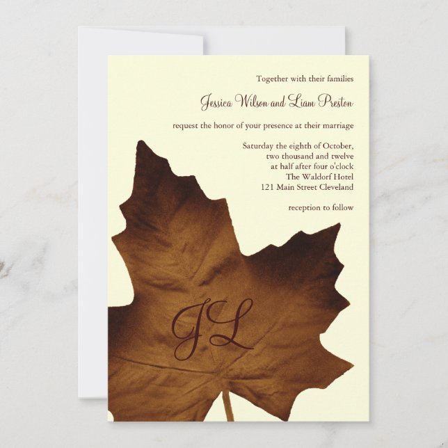 Faire-part de mariage monogramme d'automne (marron (Devant)