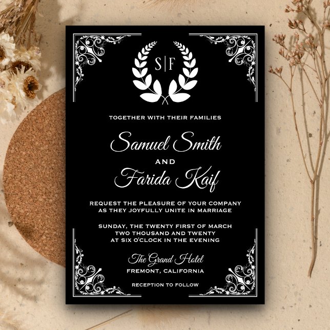 Faire-part de mariage Monogramme de Laurel noir et (Créateur téléchargé)