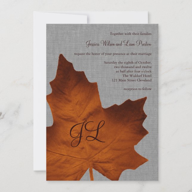 Faire-part de mariage monogramme de lin orange (Devant)