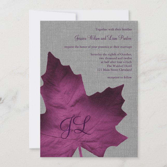 Faire-part de mariage monogramme de lin pourpre (Devant)