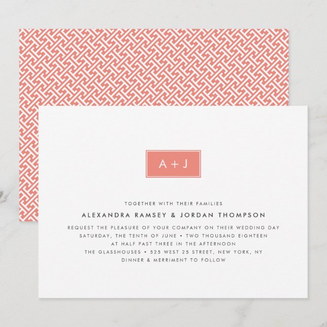Faire-part de mariage Monogramme moderne | Corail (Devant / Derrière)