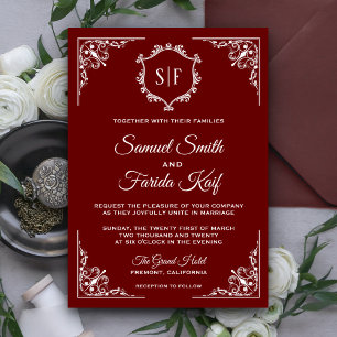 Faire-part de mariage monogramme rouge foncé