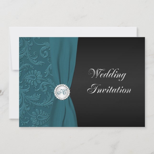 Faire-part de mariage Monogramme turquoise et noir (Devant)