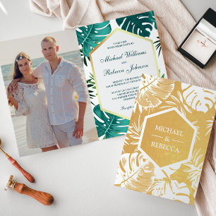 Faire-part de mariage Monstera sarcelle blanc feui