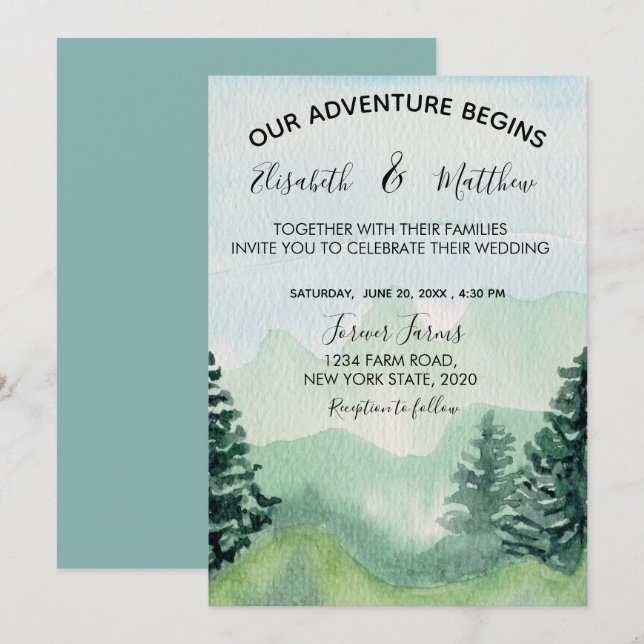 Faire-part de mariage montagne aquarelle (Devant / Derrière)