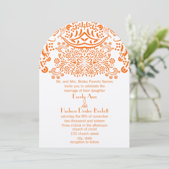 Faire-part de mariage Motif de dentelle Orange Meh (Debout devant)