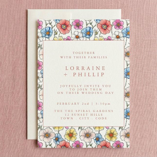Faire-part de mariage motif fleur sauvage divertis (Fun vibrant wildflowers pattern wedding invitation.)