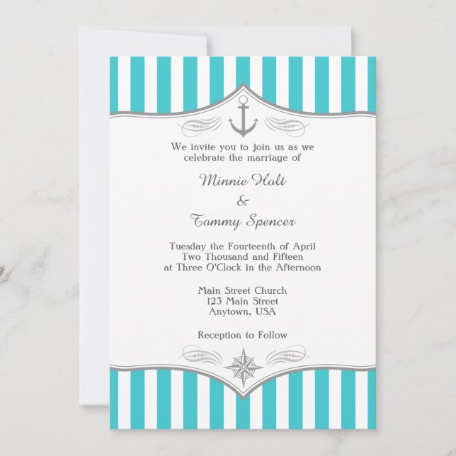 Faire-part de mariage nautique bleu turquoise (Devant)
