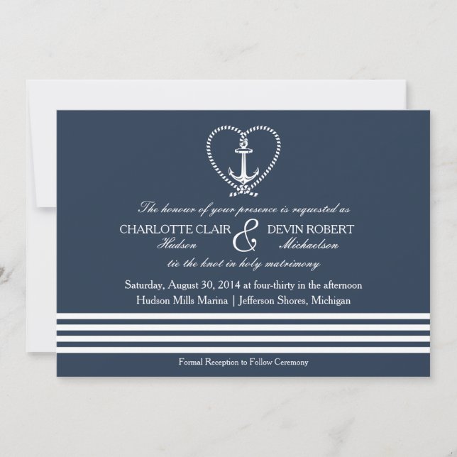 Faire-part de mariage nautique, noeud de coeur de  (Devant)