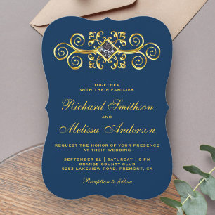 Faire-part de mariage Navy Blue Gold Flourish