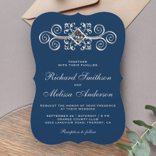 Faire-part de mariage Navy Blue Silver Flourish