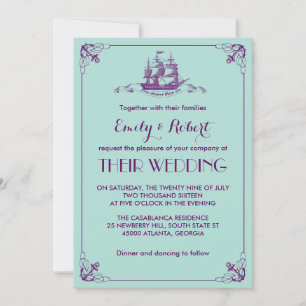 Faire-part de mariage Navy Vintage Ship Teal Purpl
