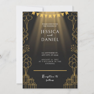 Faire-part de mariage noir avec guirlande de proje