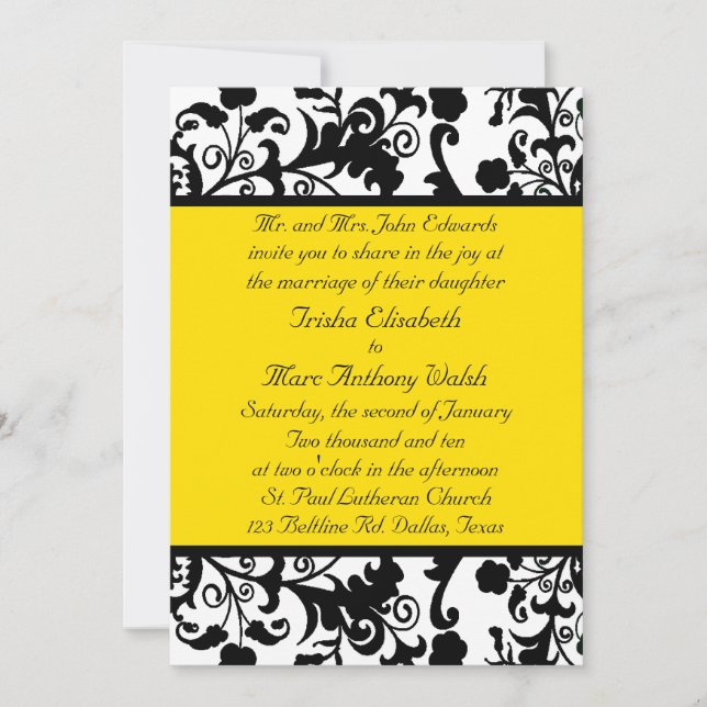 Faire-part de mariage noir, blanc, et jaune (Devant)