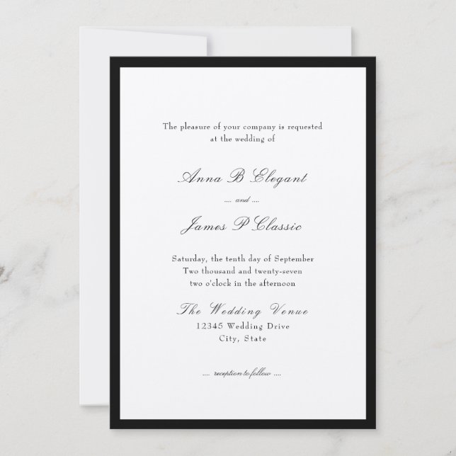 Faire-part de mariage noir de script classique (Devant)