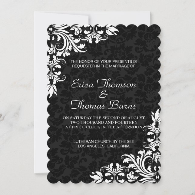 Faire-part de mariage noir dentelle blanche Damas (Devant)