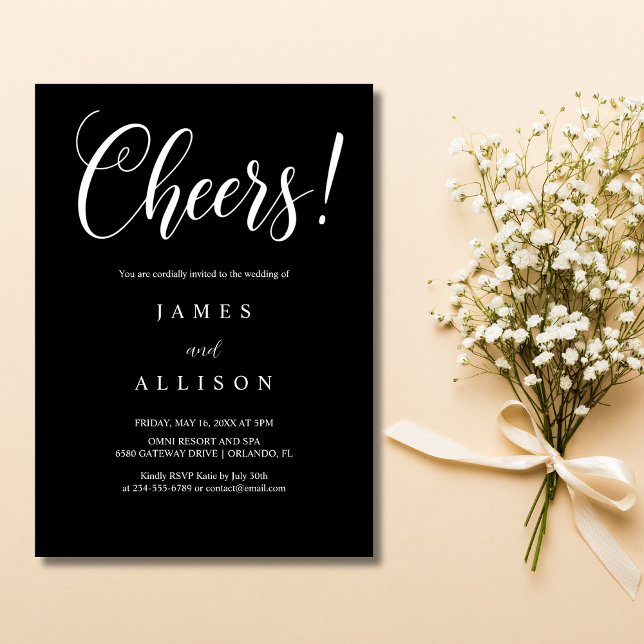 Faire-Part de Mariage Noir Élégant Écriture Cheers (Créateur téléchargé)