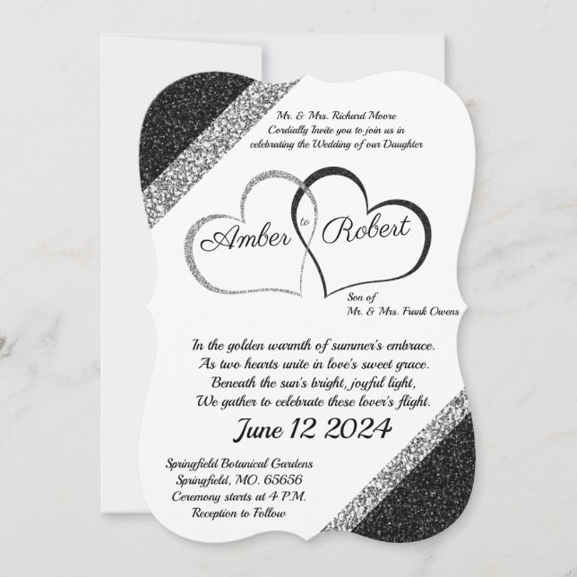 Faire-part de mariage noir et argenté avec poème à (Devant)