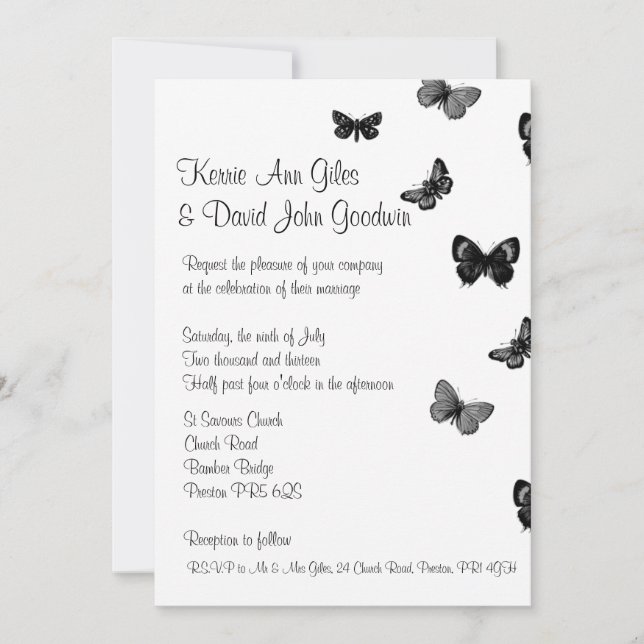 Faire-part de mariage noir et blanc de papillon (Devant)