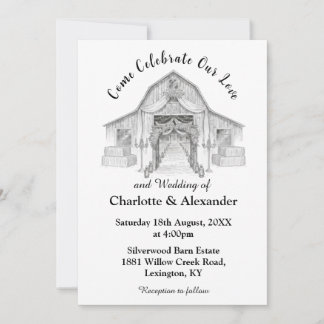 Faire-part de mariage noir et blanc grange rustiqu