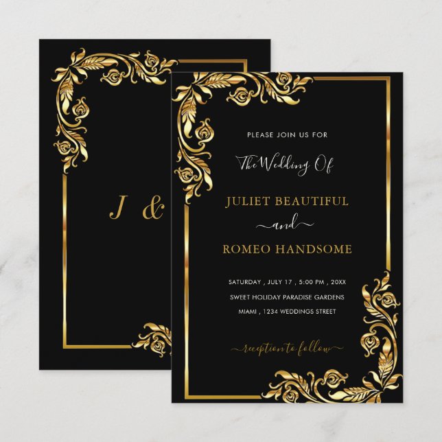 Faire-part de mariage noir et or Concevez votre pr (Devant / Derrière)
